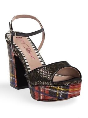 Betsy Johnson Alaia Leopard multi color platform sandal rhinestone heel Sz 8